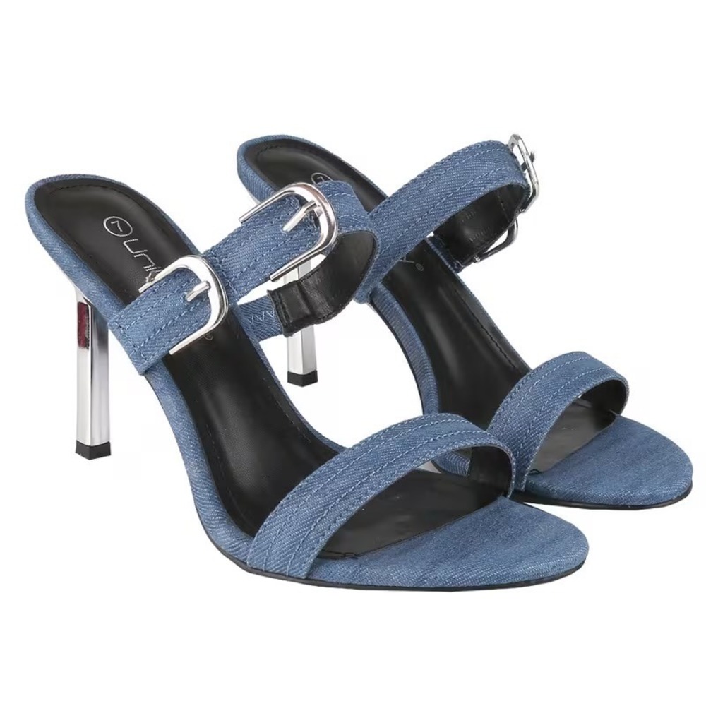 Denim Buckle Two-Strap Heeled Sandals - Blue